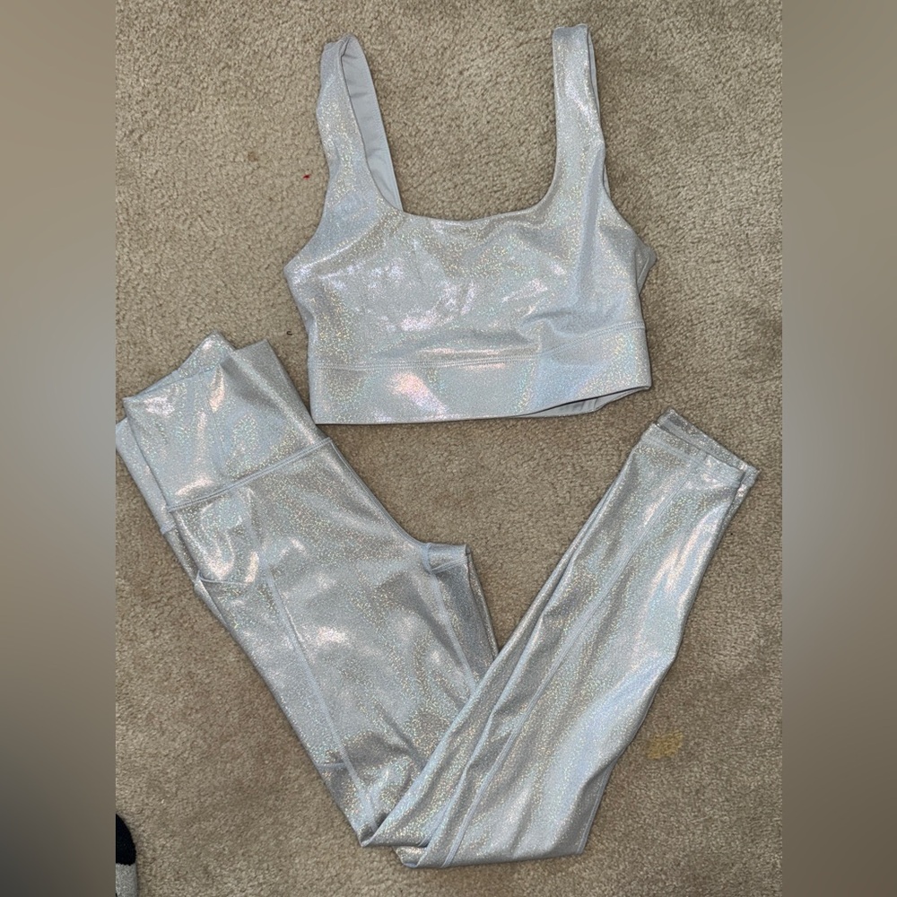 Fabletics Silver Sparkles Hologram Leggings And Sport Bra Set, XS, Set
